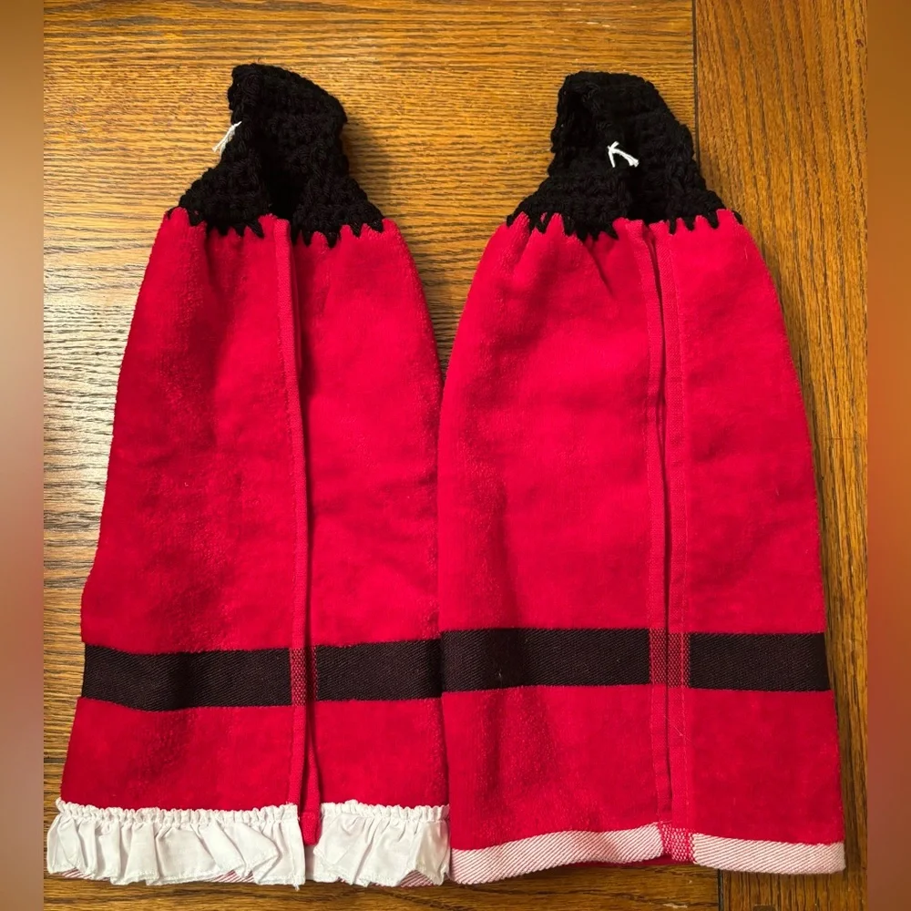 Hand crocheted set of Mr. And Mrs. Claus red/white/black hand towels